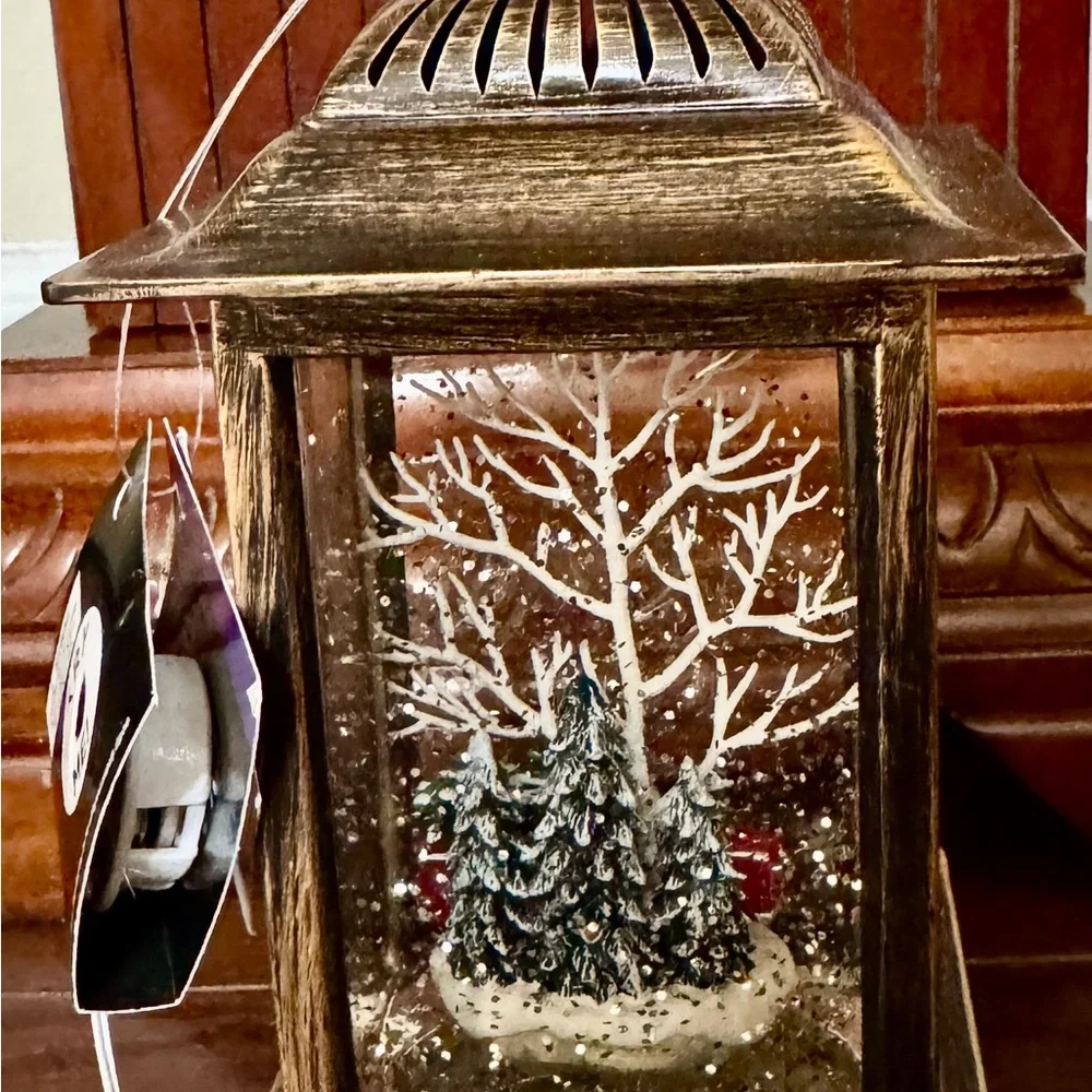Vintage Bronze Lantern with Snow Globe Scene